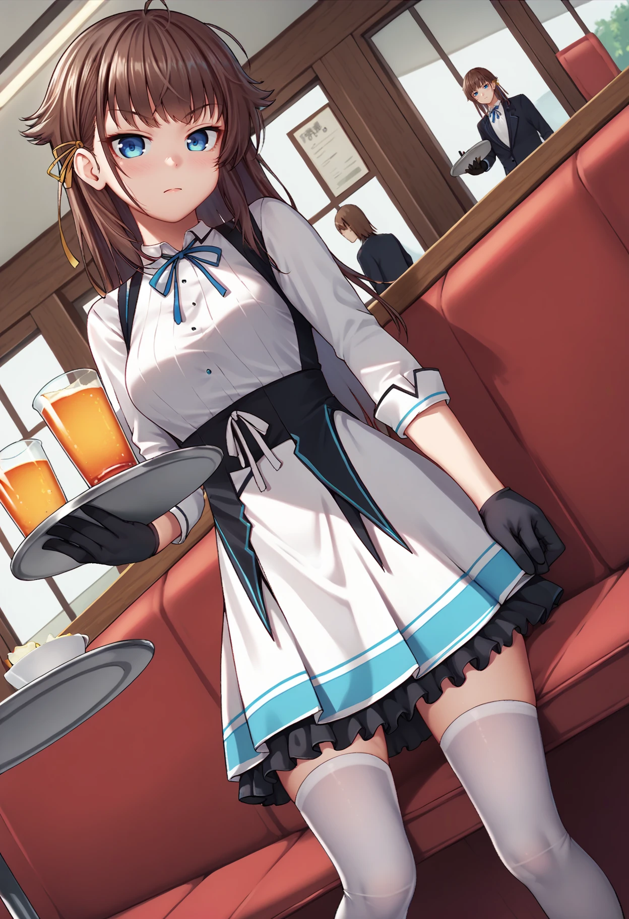score_9, score_8_up, score_7_up, BREAK, restaurant, holding tray, dutch angle,
<lora:kashiwazakikanav2:0.9>, kashiwazakikana, brown hair, blue eyes, hair ribbon, kanawaitress, white dress, white thighhighs, black gloves, two-tone dress, neck ribbon, (long sleeves:0.5),