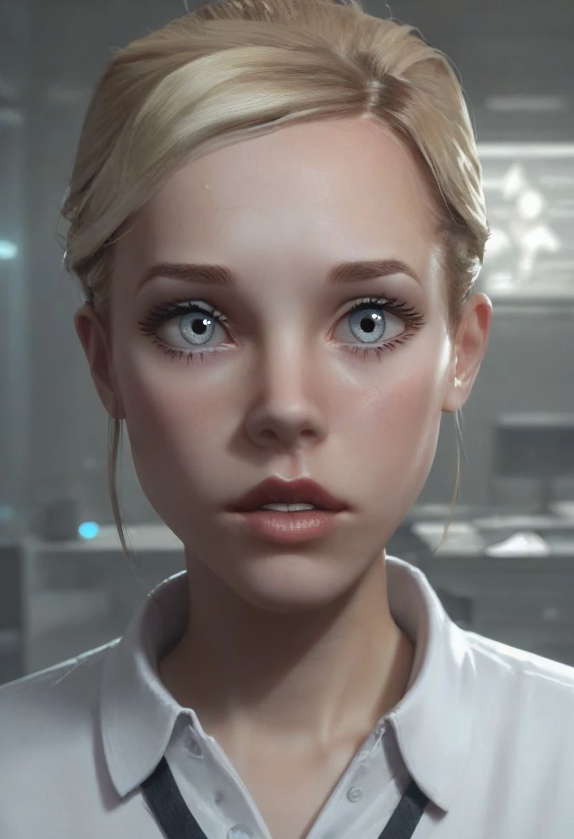 score_9, score_8_up, score_7_up, photo of lcstllmn, blonde hair, high bun updo, grey eyes, white shirt, badge, close up, (looking at viewer), parted lips, shy look, parted lips, masterpiece, slim figure, petite, pale skin, indoors, laboratory, shadowy, side lighting, warm lights, by loish