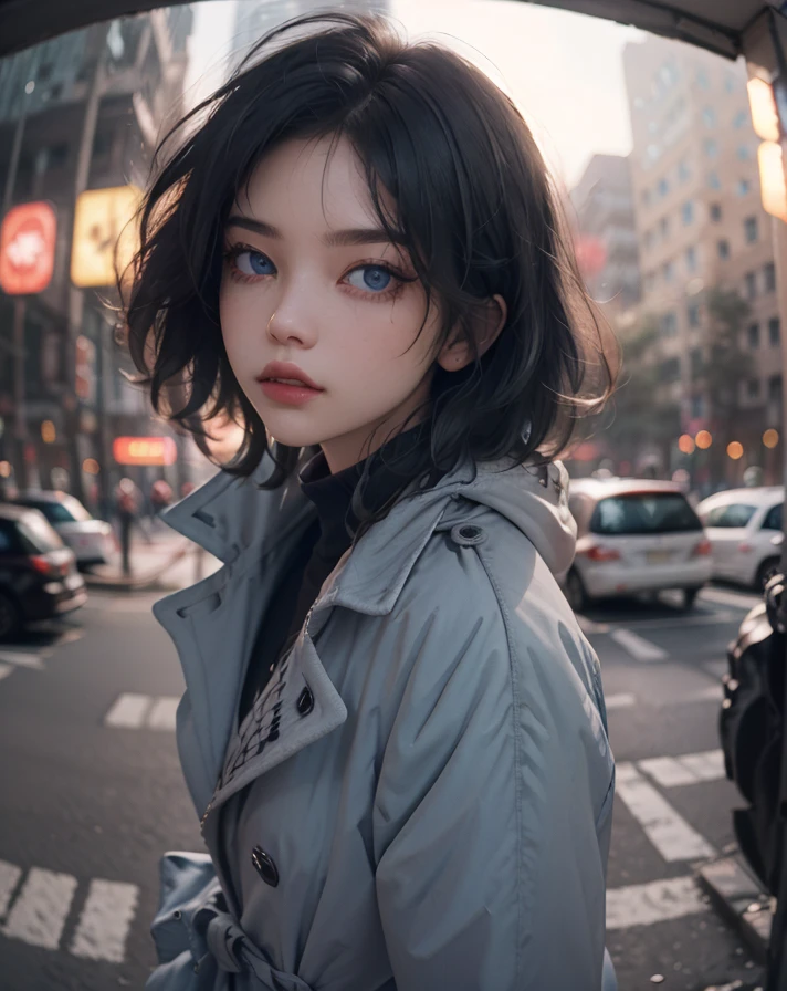 1girl, black hair, blue eyes, blurry, blurry background, blurry foreground, bokeh, chromatic aberration, coat, depth of field, detective coat, detective jacket, fisheye, focused, grey coat, lips, looking at viewer, medium hair, messy hair, motion blur, pov, solo, upper body
 <lora:Detective_FIles:0.7>