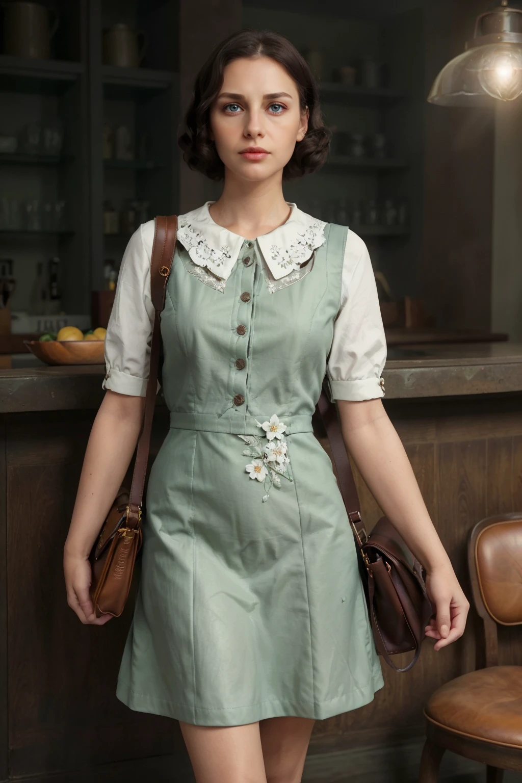 1930s Fashion, professional photo of 40yo woman in (simple) light green and white detailed floral dress with collar, brown leather bookbag, detailed buttons, 4k, 8k, high quality, perfect lighting, detailed face and detailed eyes, skin detail, solo focus, photography raw, (bar), perfect lighting, clean smooth skin, looking at camera, detailed eyes, pretty face, full body standing, photoshoot, <lora:1930sFashion2-000002:0.5>