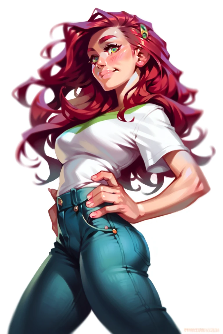 <lora:Calm:1>, score_9, score_8_up, score_7_up, score_6_up, score_5_up, rating_questionable, source cartoon
1girl, pretty face, pretty eyes, detailed eyes, HD eyes, thick thighs
hands on hips, standing, cowboy shot
looking at viewer, blush, eyebrows, long hair, red hair, green eyes jeans, green t-shirt, boots, high waisted jeans
simple background, white background