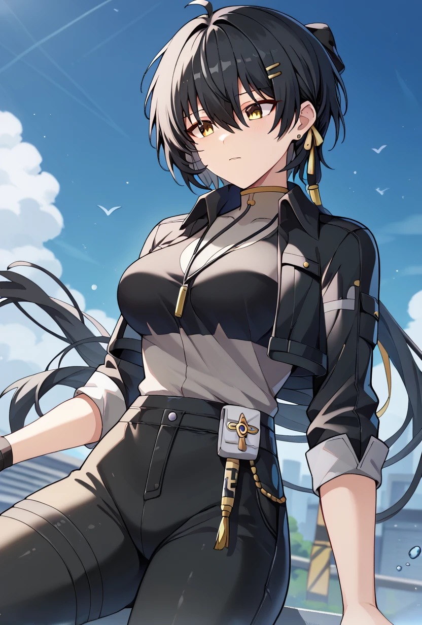 score_9, score_6_up, 1girl, RoverF, long hair, hairclip, hair between eyes, single hair tube, large breasts, crossdressing, black hair, short hair, yellow eyes, black shirt, black jacket, black pants, MainFit,  <lora:rover_Wuthering_Waves_Pony_XL:1>