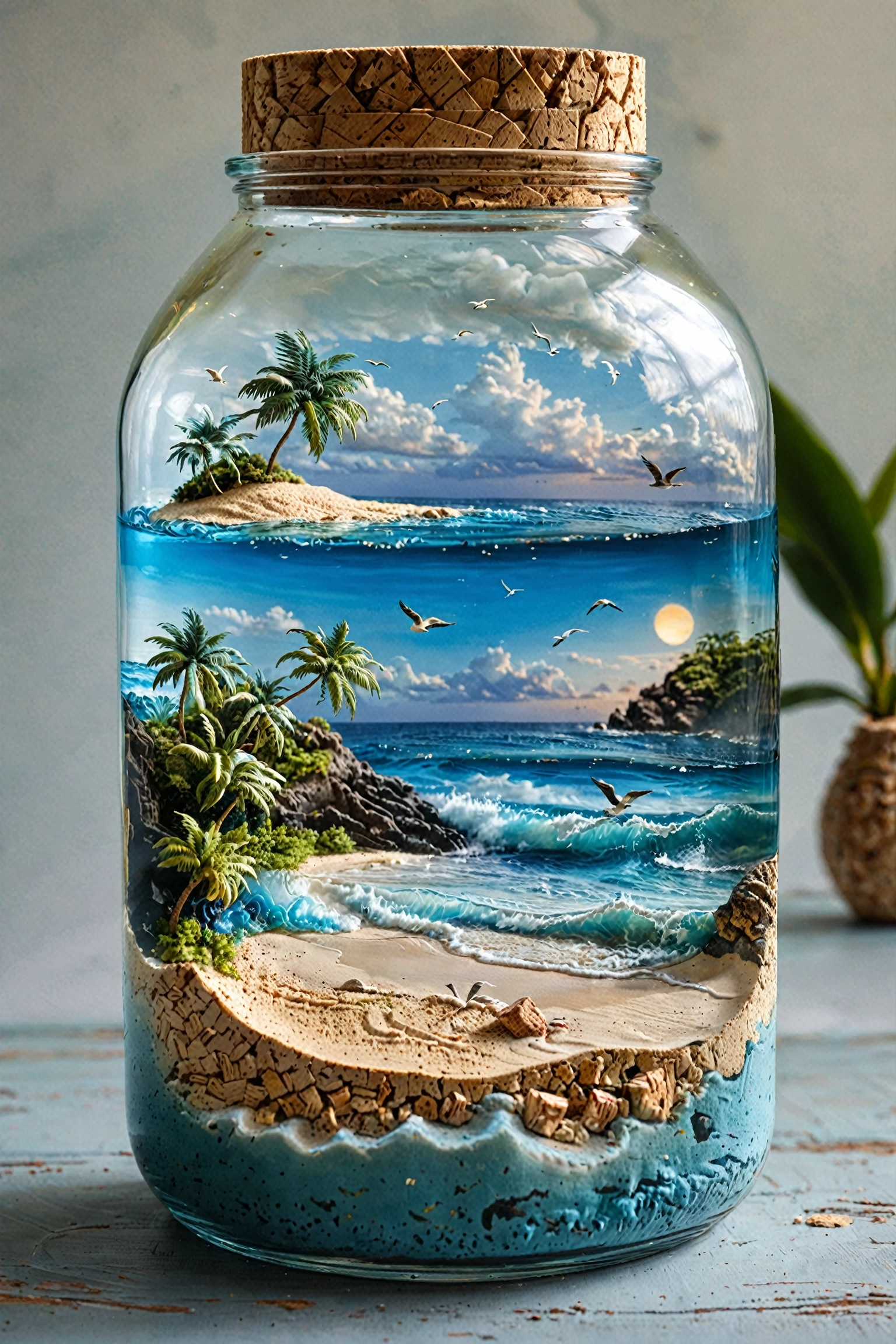 A glass jar with a cork lid. Inside the jar, there's a miniature representation of a tropical beach scene. The top layer of the jar depicts a serene beach with palm trees, a clear blue sky with fluffy clouds, and a few birds flying. The water is calm with gentle waves. The bottom layer of the jar reveals a rocky coastline with waves crashing against the rocks. The entire scene is encapsulated within the jar, creating a surreal and captivating visual.<lora:EMS-384353-EMS:0.800000>