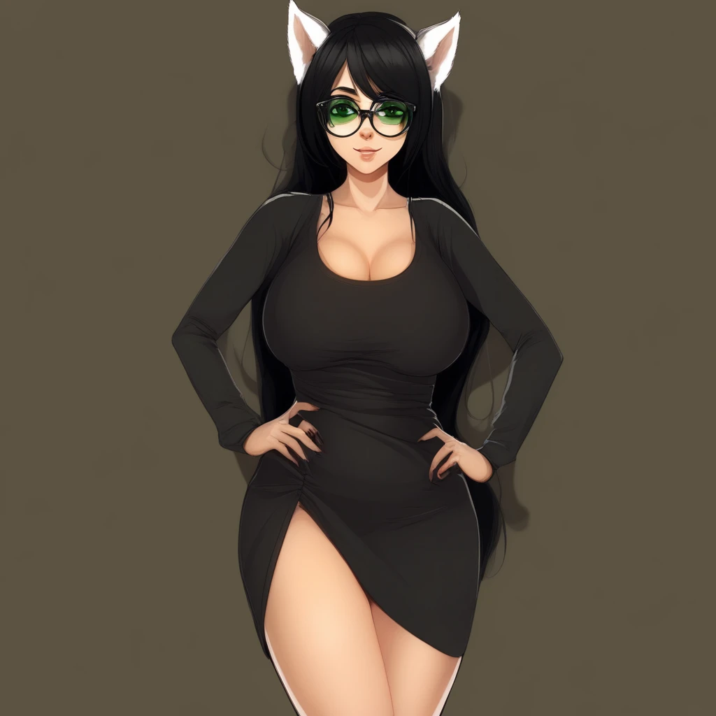 Shego chubby, woman, thick waist, large chest, black hair, messy hair, cat ears on head, green eyes, glasses, green short shorts, short black vest , black combat boots, fat, larger body, chubby face, face with blush, cleavage visable, boob window, cute, hot, thicc,