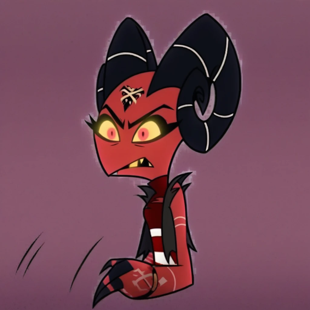 barbie wire, 1girl, demon girl, red skin, forehead tattoo, arm tattoos, horns, striped dress, leather jacket