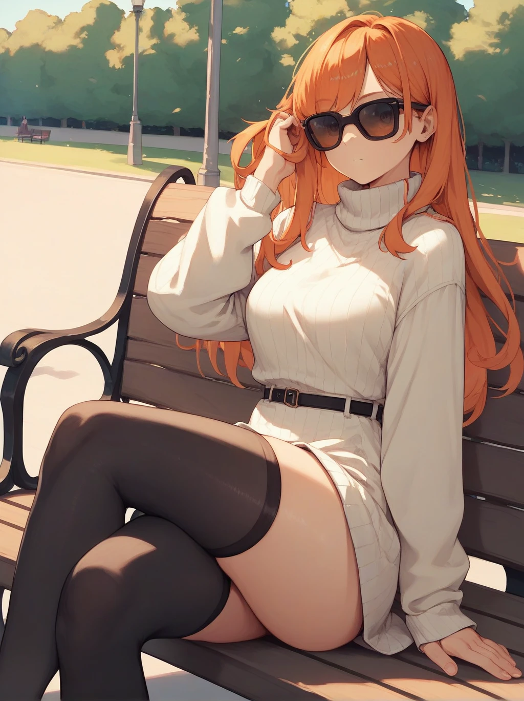 score_9, score_8_up, score_7_up, score_6_up, source_anime, <lora:rayban_sunglasses_v0.2-pony:1>
1girl, long hair, orange hair,
wayfarer sunglasses,
turtleneck sweater, black thighhighs, looking at viewer, hand in own hair, thighs, park bench,