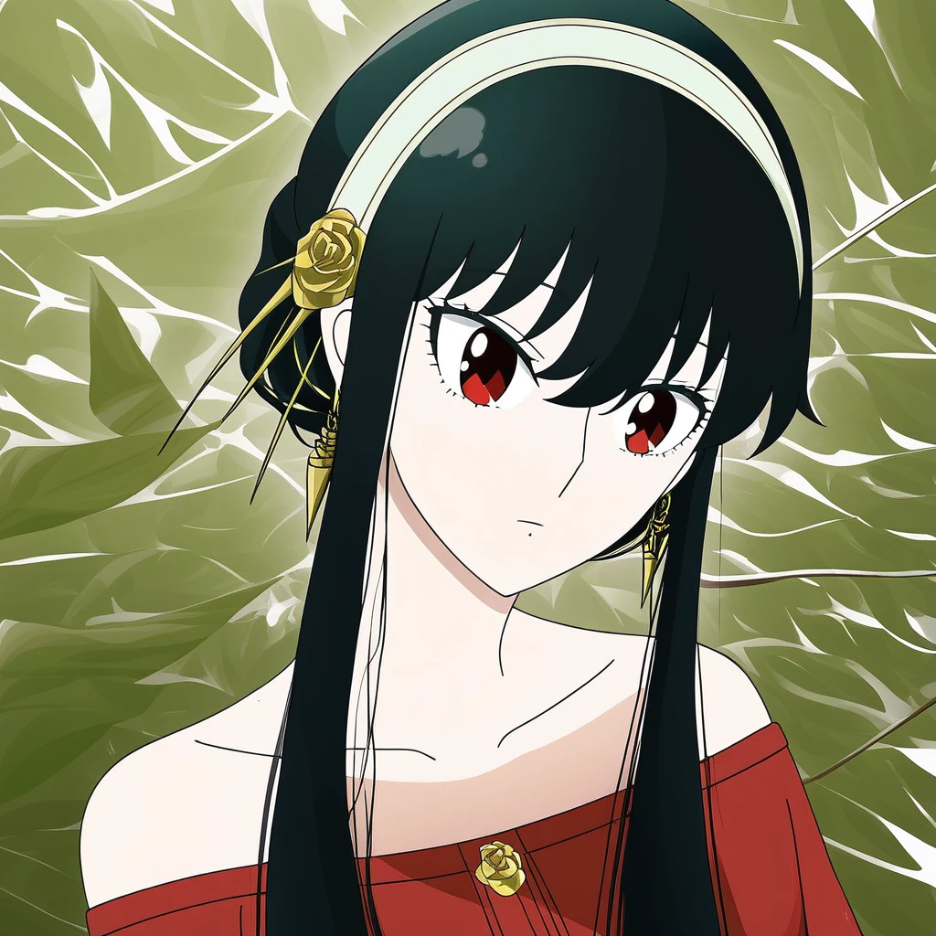 yor briar,  1girl, bangs, black hair, collarbone, earrings, hairband, jewelry, leaf, long hair, long sleeves, off-shoulder shirt, off shoulder, red eyes, red shirt, shirt, solo, upper body, white hairband  , ((masterpiece))