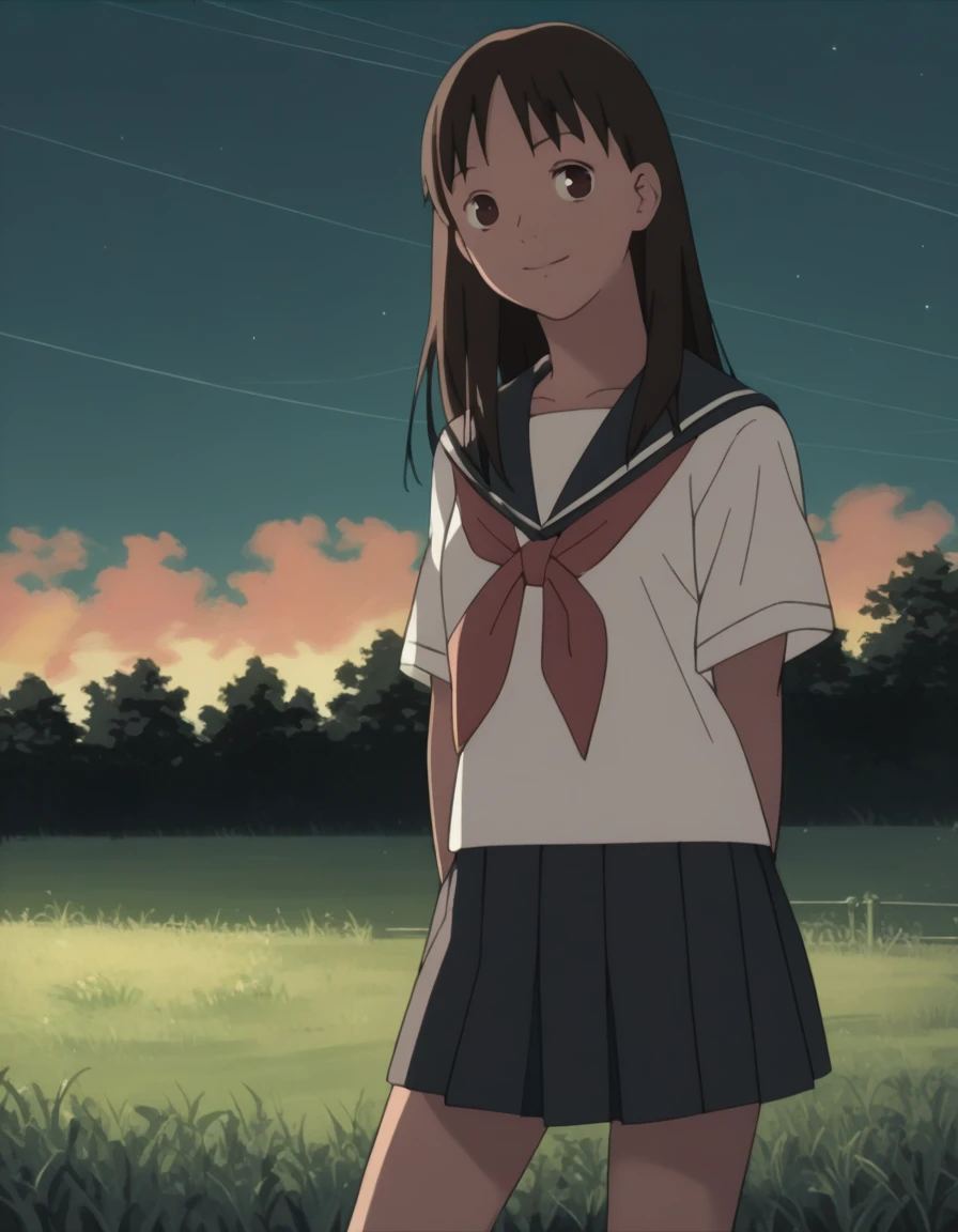 score_9, score_8_up, score_7_up, source_anime, <lora:izumi-maho-koyuki-ponyxl:1> ishiguroizumi, serafuku,
1girl, solo, cowboy shot, grass, looking at viewer, smile, night, outdoors, sky, standing