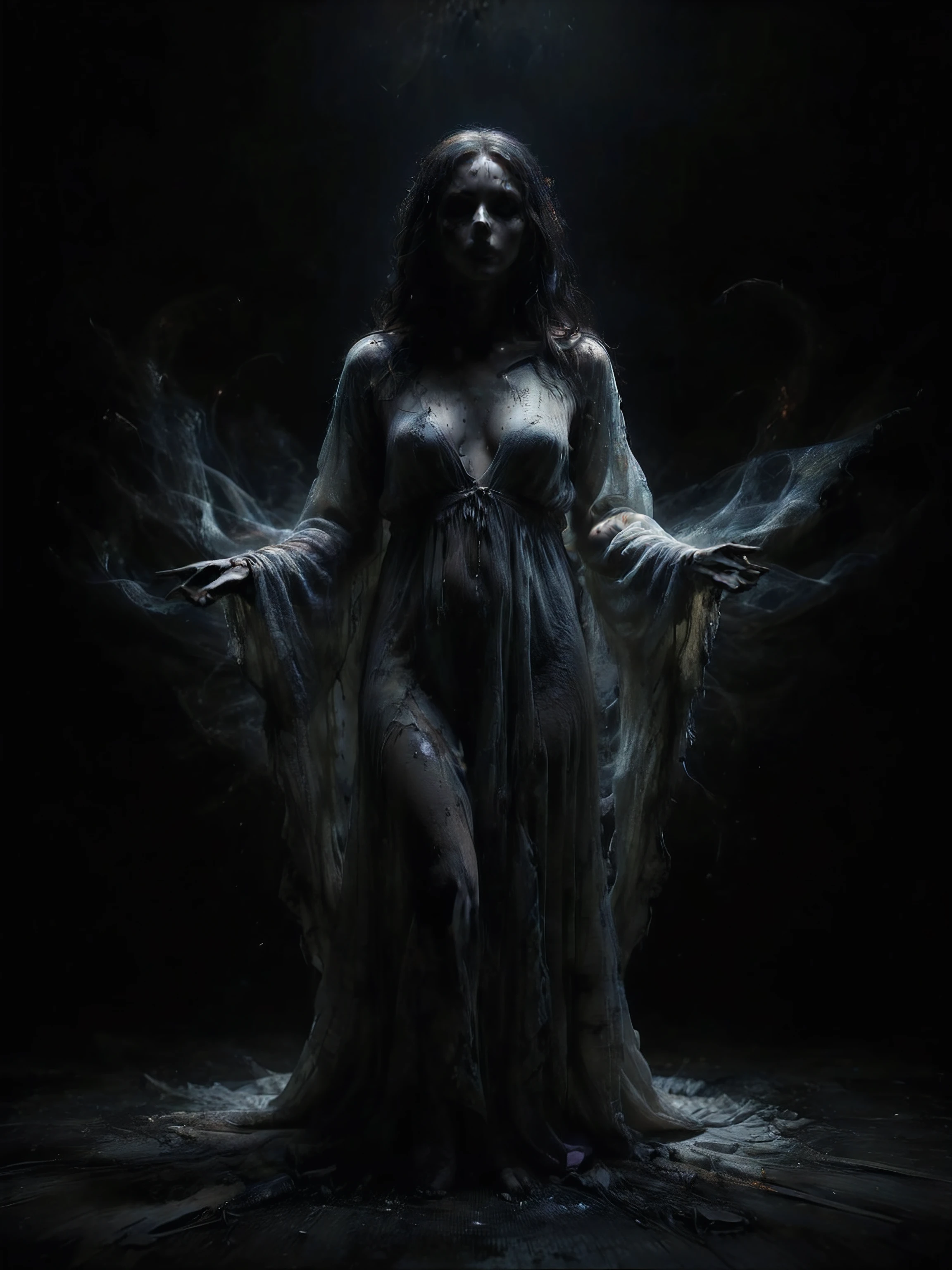 (full body shot:0.01), (photo realistic), clean skin, hard shadows, masterpiece, award winning lighting, detailed, many details, extreme detailed, full of details, wide range of colors, highly dynamic,
a beautiful and haunting ((banshee floats above the ground)) on a pitch-black night, wispy thin transparent white robe in rags, ghostlike, haunting, eerie, dark, silhouette, emaciated body, night scene.
selective focus, bright flash photo, contrast, poor quality, (low-light:1.7), hyper realism