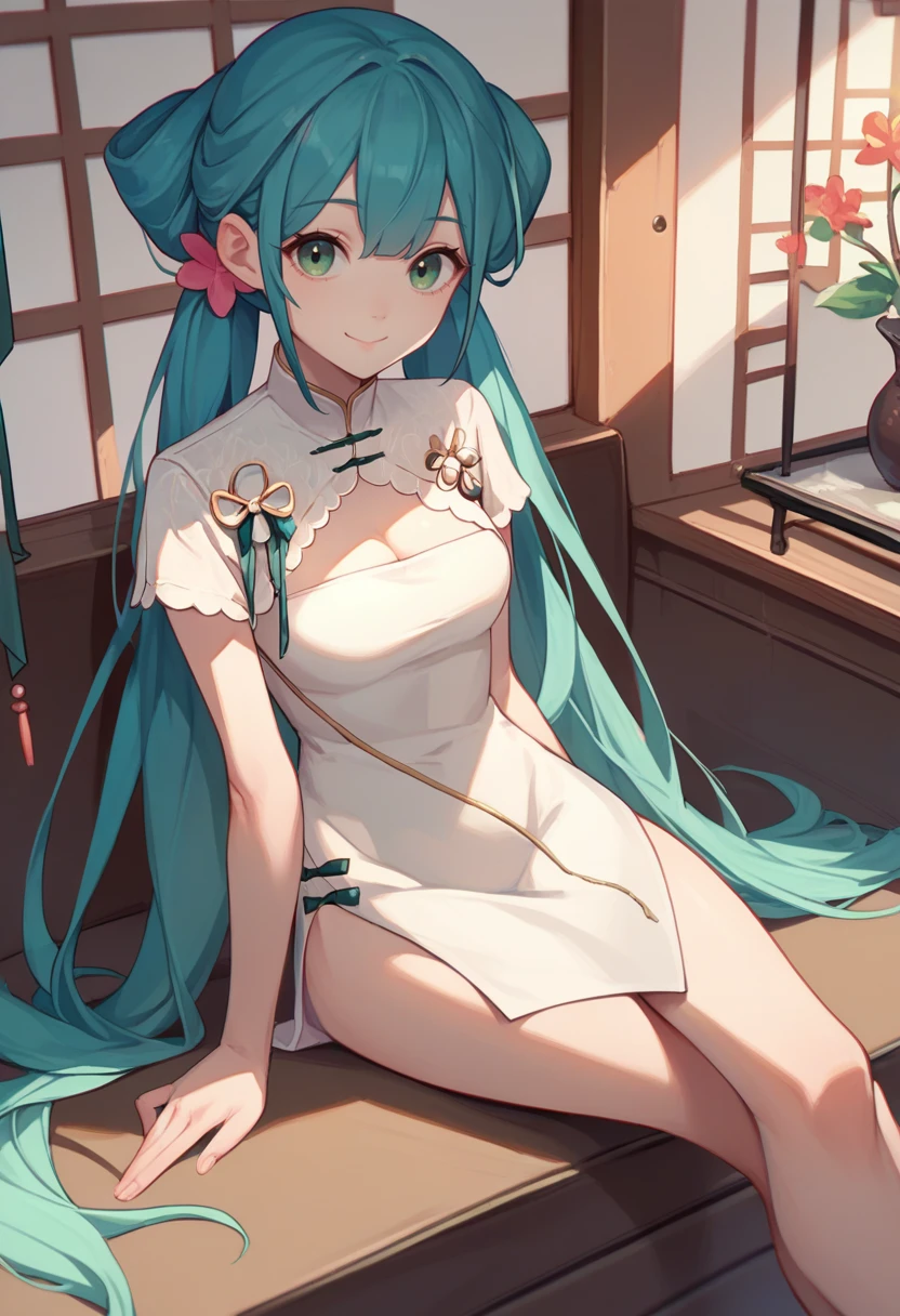 score_9, score_8_up, score_7_up, source_anime, solo, 1girl, shaohuamiku, smile, looking at viewer, sitting, crossed legs, aqua hair, twintails, hair flower, green eyes, chinese clothes, white dress, china dress, cleavage cutout, side slit, short sleeves, indoors <lora:vocaloid_shaohuamiku_ponyXL:1>