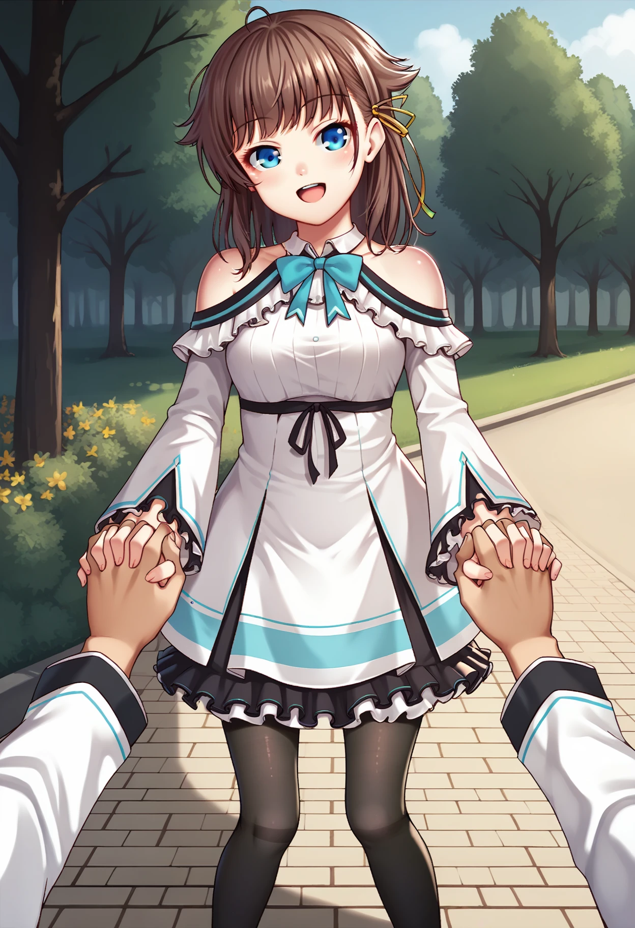 score_9, score_8_up, score_7_up, BREAK, park, holding hands, pov, open mouth, smile,
<lora:kashiwazakikanav2:0.9>, kashiwazakikana, brown hair, blue eyes, hair ribbon, kanacasual, frilled dress, black pantyhose, shoulder cutout