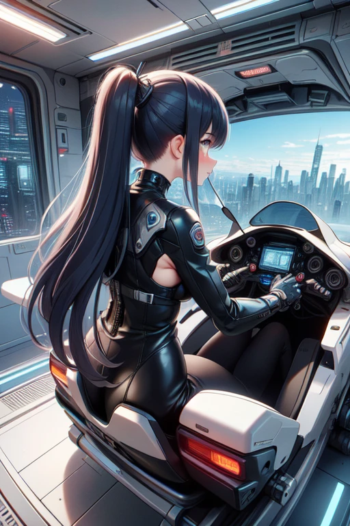 (((masterpiece))), (((best quality))), (((wide shot))), ((from behind)), ((hatchway motorcycle)), sitting, mecha girl, glowing eyes, bodysuit, boots, scrunchie, floating hair, overlook, fog, city, cloud, skyline, scenery, cockpit, hologram, mechanical walls, spacecraft interior, cyberpunk architecture, future science fiction, solo, 1girl, sweat, cleavage, big tits, shy, blush, slim figure, <lora:50pics_hatchwaymotorcycle:0.9>