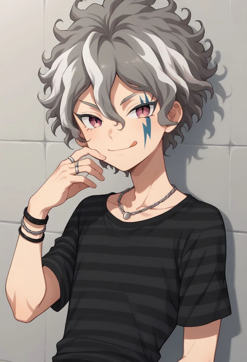 score_9, score_8_up, source_anime, highly detailed, 1boy, solo, male_focus, slender, skinny, 
kira, 1boy, male focus, jewelry, solo, bracelet, striped shirt, shirt, smile, tongue out, striped, ring, necklace, looking at viewer, upper body, grey hair, white hair, two-tone hair,
outdoor,