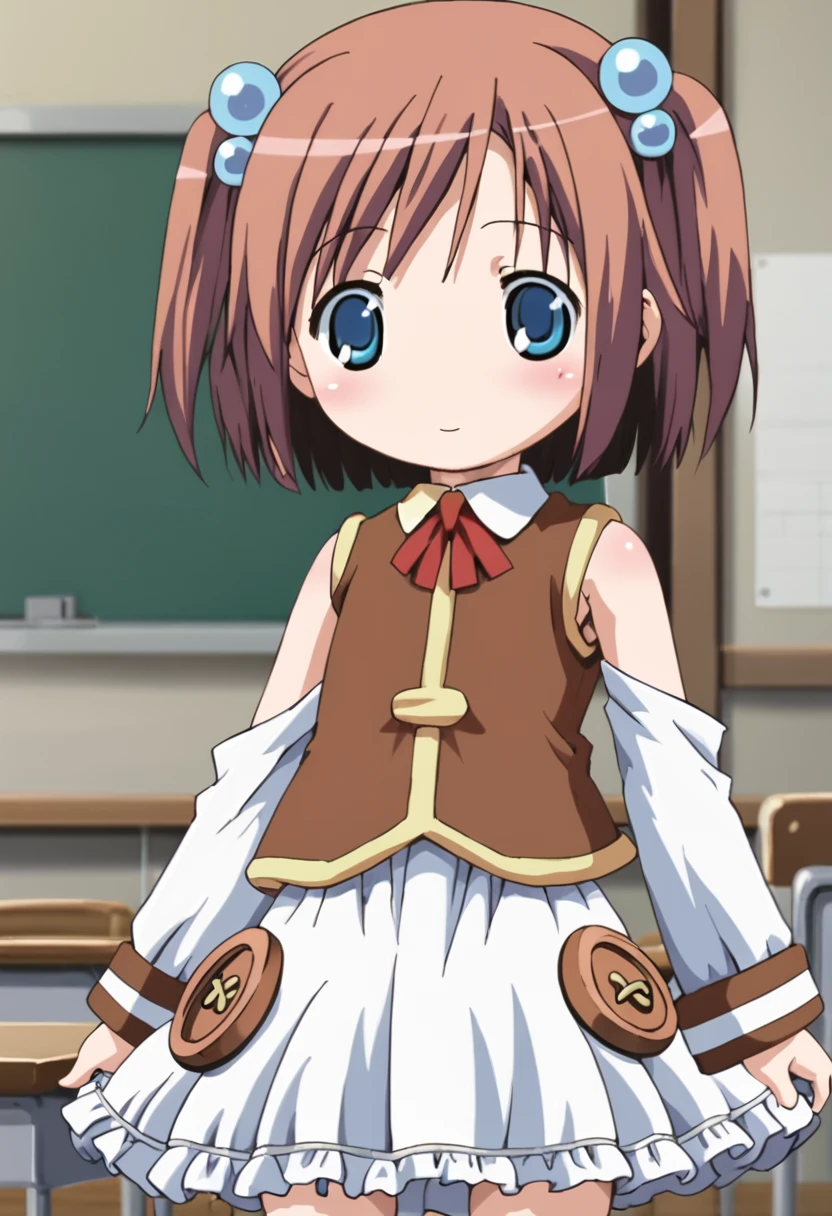 score_9, score_8_up, score_7_up, BREAK source_anime, rating_explicit, best quality, masterpiece, uncensored, 1girl, solo, <lora:moetan_pony:0.9> nijihara, two side up, short hair, brown hair, blue eyes, hair ornament, dress, frilled dress, vest, sleeveless jacket, sleeves past wrists, detached sleeves, (thighhighs), , cowboy shot, standing, inside, classroom, (buttons)