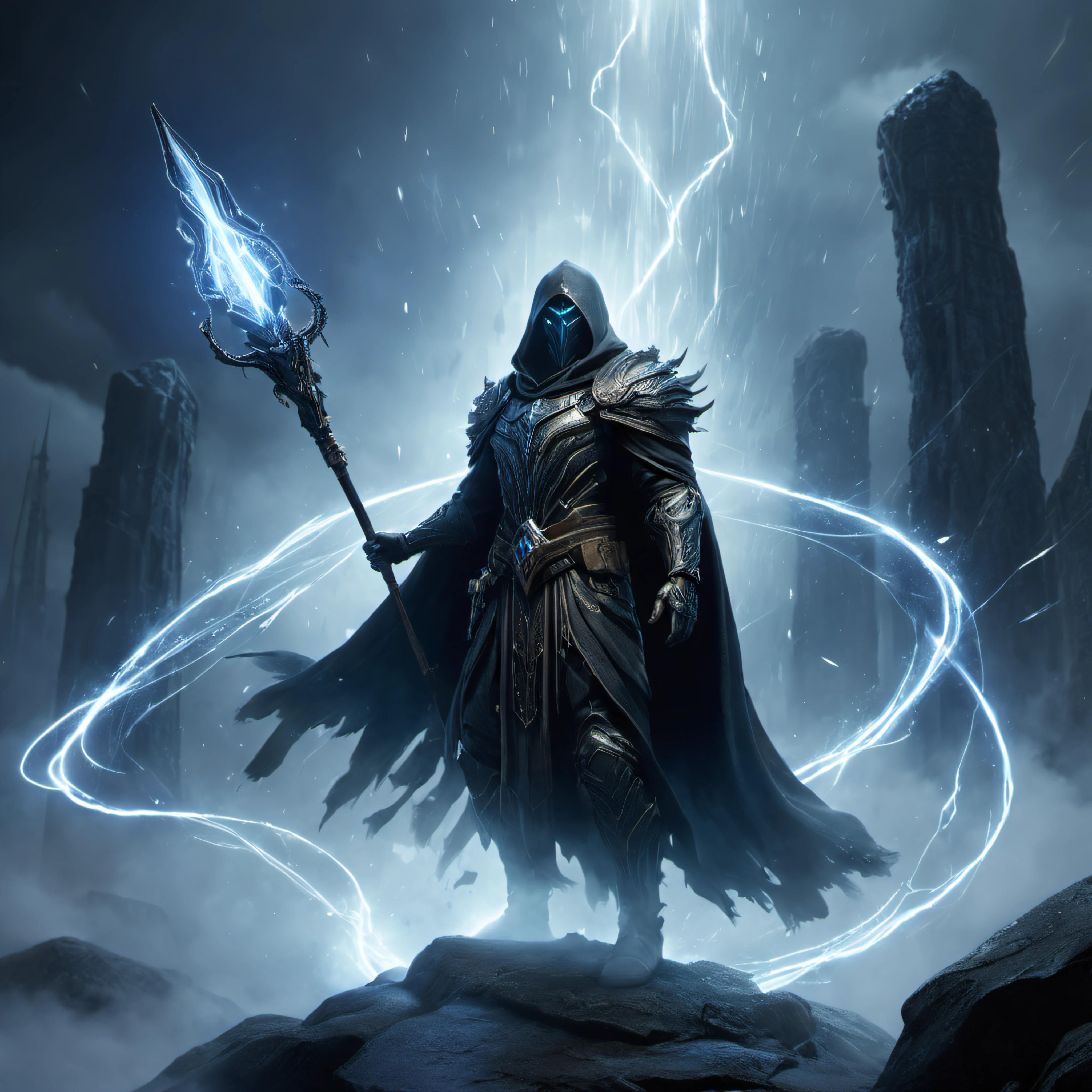 concept art hidden face, mysterious, hooded, full body, dark enigmatic warrior, standing, storm of falling shards, glowing ethereal giant heavy magic scepter in hand, warriors, intricate armor, tattered cloak that billows in the wind, atmosphere is charged with an otherworldly energy, fantasy realism, dramatic lighting, detailed textures to bring the scene to life, digital artwork, illustrative, painterly, matte painting, highly detailed, detailed, realistic, 8k uhd, high quality