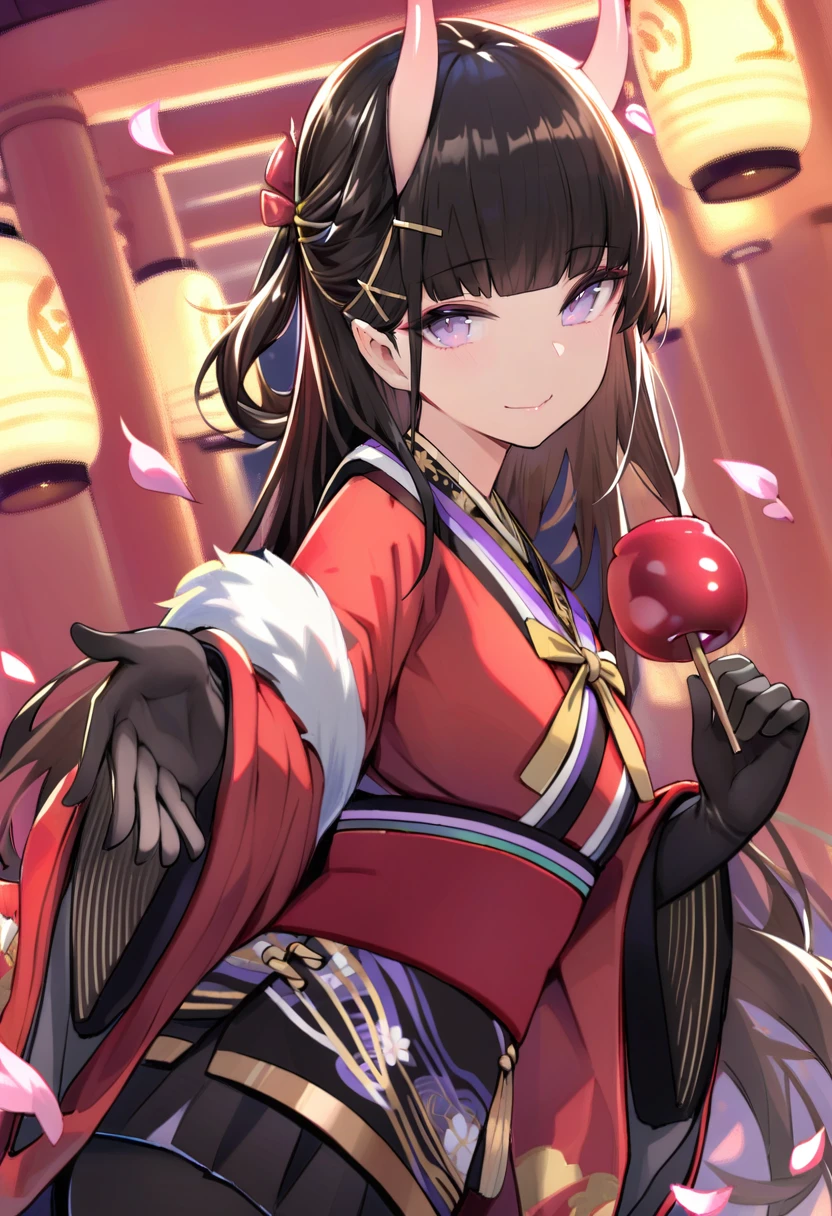 masterpiece, best quality,<lora:nekojiraXL_ANI31_lokr_V4302:0.95> 1girl, food, solo, horns, long hair, japanese clothes, hair ornament, gloves, official alternate costume, black gloves, candy apple, kimono, purple eyes, looking at viewer, smile, petals, sash, lantern, black hair, wide sleeves, hairclip, obi, red kimono, holding, black skirt, blunt bangs, holding food, skirt, pantyhose, long sleeves, paper lantern, closed mouth, outstretched hand, black pantyhose, reaching, hairpin, cowboy shot, reaching towards viewer, x hair ornament, pleated skirt, torii, brown hair, flower