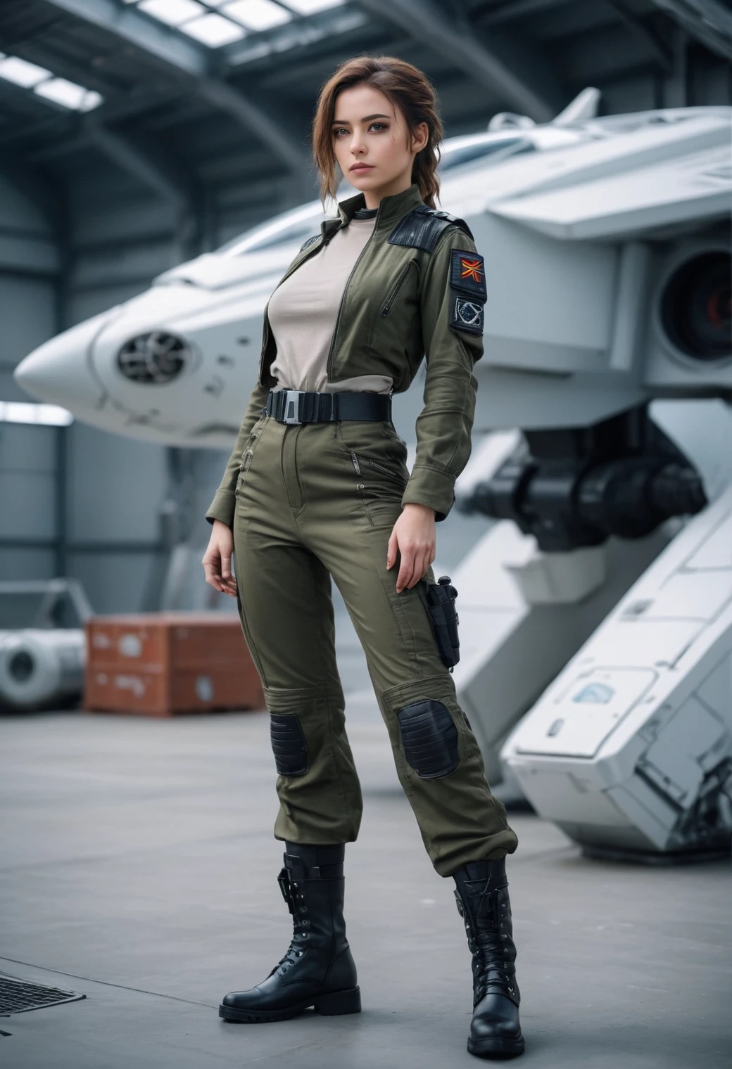 professional photo 85mm lens for elegant body lines and fine skin detail with sharp subject against a blurred background, looking at camera,1girl, military pilot, pants and boots, confused, shrug,Futuristic Galactic Empire space dock, Setting, white and cyberpunk,