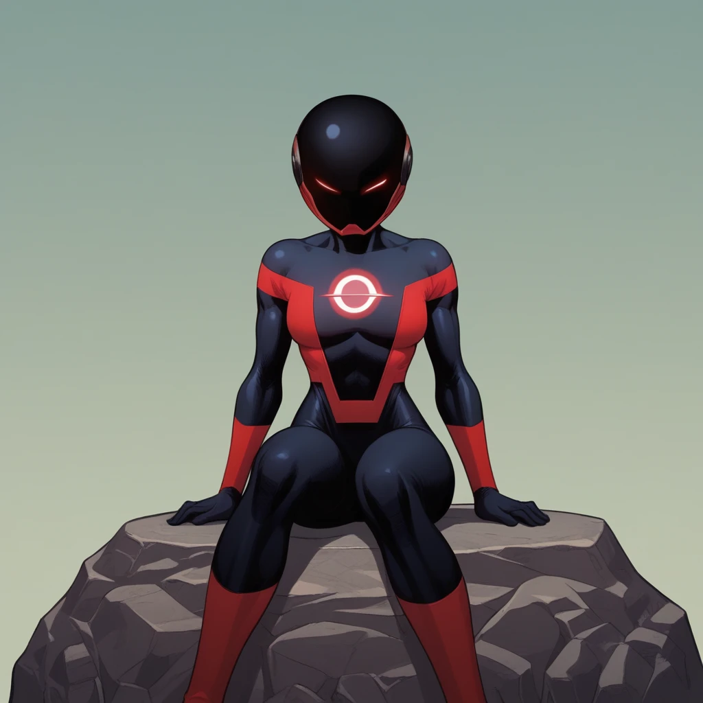 score_8_up, BREAK, RadiantRed, 1girl, solo, helmet, bodysuit, glowing eyes, superhero, <lora:Radiant_Red_PXL_Leaf1:1>, sitting on rock,