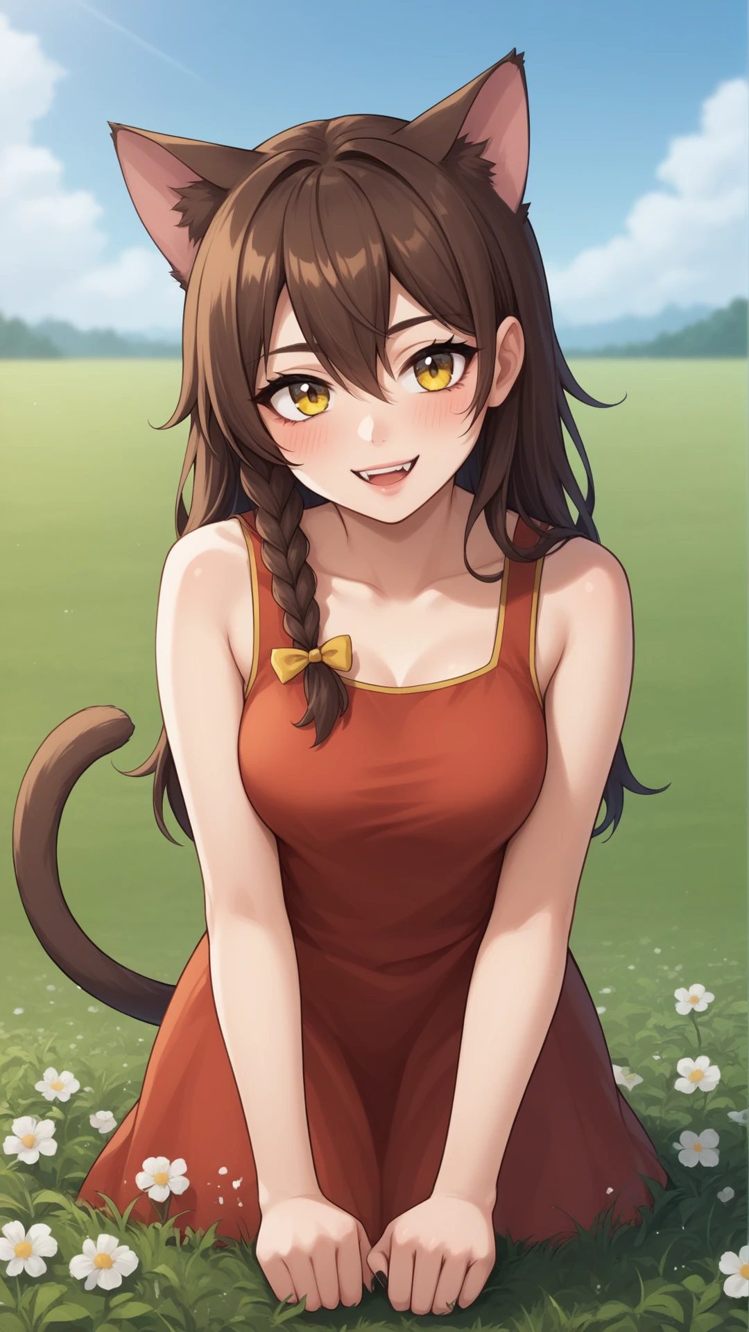 score_9, score_8_up, score_7_up, BREAK source_anime, best quality, masterpiece, ultra detailed,
<lora:Everlasting_Summer_Yulya_by_GraffMetal:0.7>, yulya, brown hair, yellow eyes, cat pupils, long hair, braid, side braid, hair between eyes, single braid, bow, animal ears, cat ears, tail, cat tail, cat girl, medium breasts, 1girl, solo
lsmile, blush, fangs, :D
black eyeliner cat eye, pink lips, black nails, 
red dress, cute, 
amazing background, looking at the viewer, flowers field, nature background , close, bokeh,