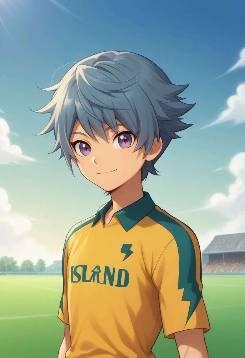 score_9, score_8_up, source_anime, highly detailed, 1boy, solo, male_focus, slender, skinny, cute,
hiura, 1boy, male focus, solo, purple eyes, sky, sportswear, blue hair, ares soccer uniform, yellow soccer uniform, upper body, smile,
outdoor,