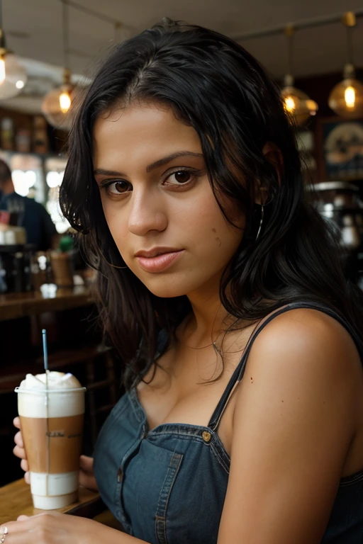 <lora:AndreaRincon:0.8>, full color portrait of a young woman, having coffee at a vintage cafe, natural light, RAW photo, subject, 8k uhd, dslr, soft lighting, high quality, film grain, Fujifilm XT3, Nikon D850