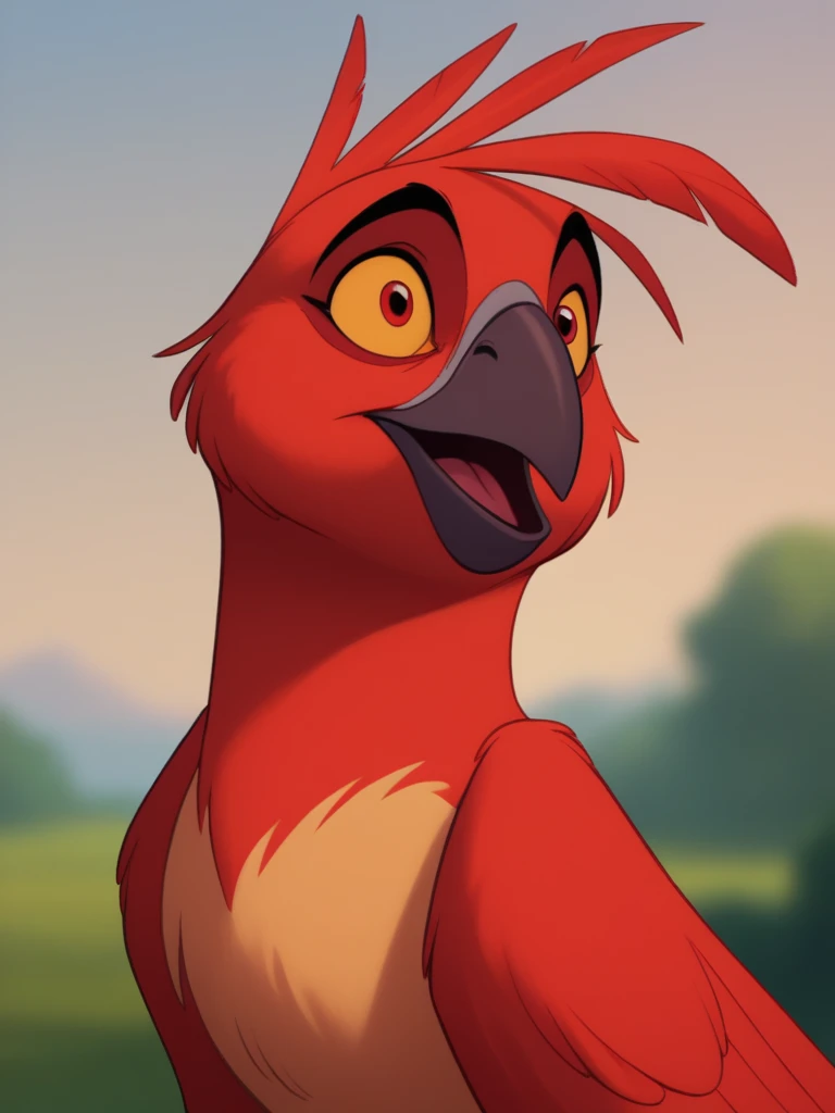 score_9, score_8_up, score_7_up, score_6_up, open mouth, standing, upper body, yellow sclera, colored sclera, happy, mouth open, outdoors, no humans, blurry background, bird, animal, animal focus, beak, parrot, red parrot, retro artstyle, <lora:Disney_Renaissance-06:1>