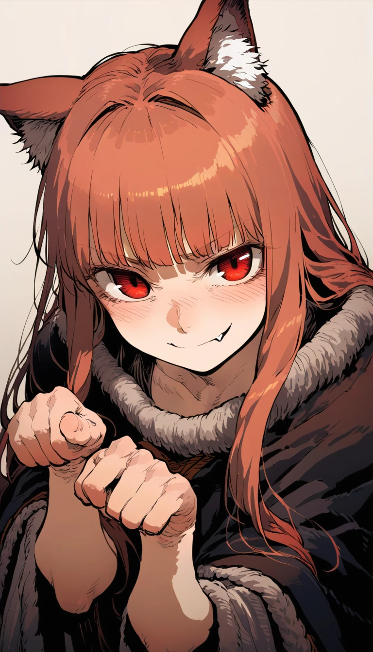 1girl, holo, spice and wolf, by ssambatea, by wlop, closed mouth, happy, fangs, paw pose, red eyes, hands up, looking at viewer, smug, simple background, best quality, masterpiece, animal ear fluff, cloak, from side, from above, twisted torso