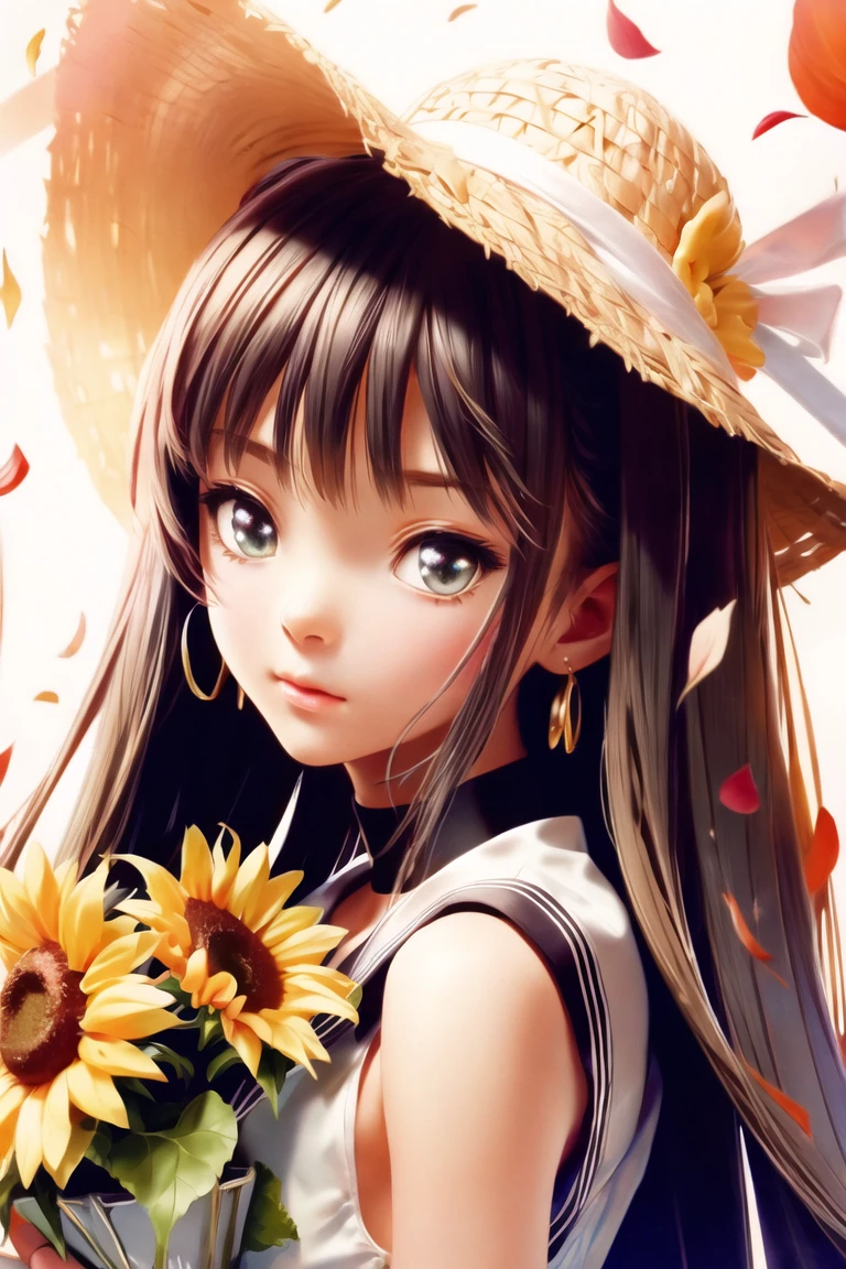 (masterpiece),best quality,portrait,upper_body,three-quarter view,anime screencap,anime coloring,anime style,1girl,hat,flower,sunflower,solo,long hair,dress,looking at viewer,straw hat,jewelry,petals,hand on headwear,holding,bracelet,transparent background,ribbon,sailor dress,holding flower,sailor collar,choker,bangs,very long hair,necklace,closed mouth,sleeveless,sun hat,bouquet,