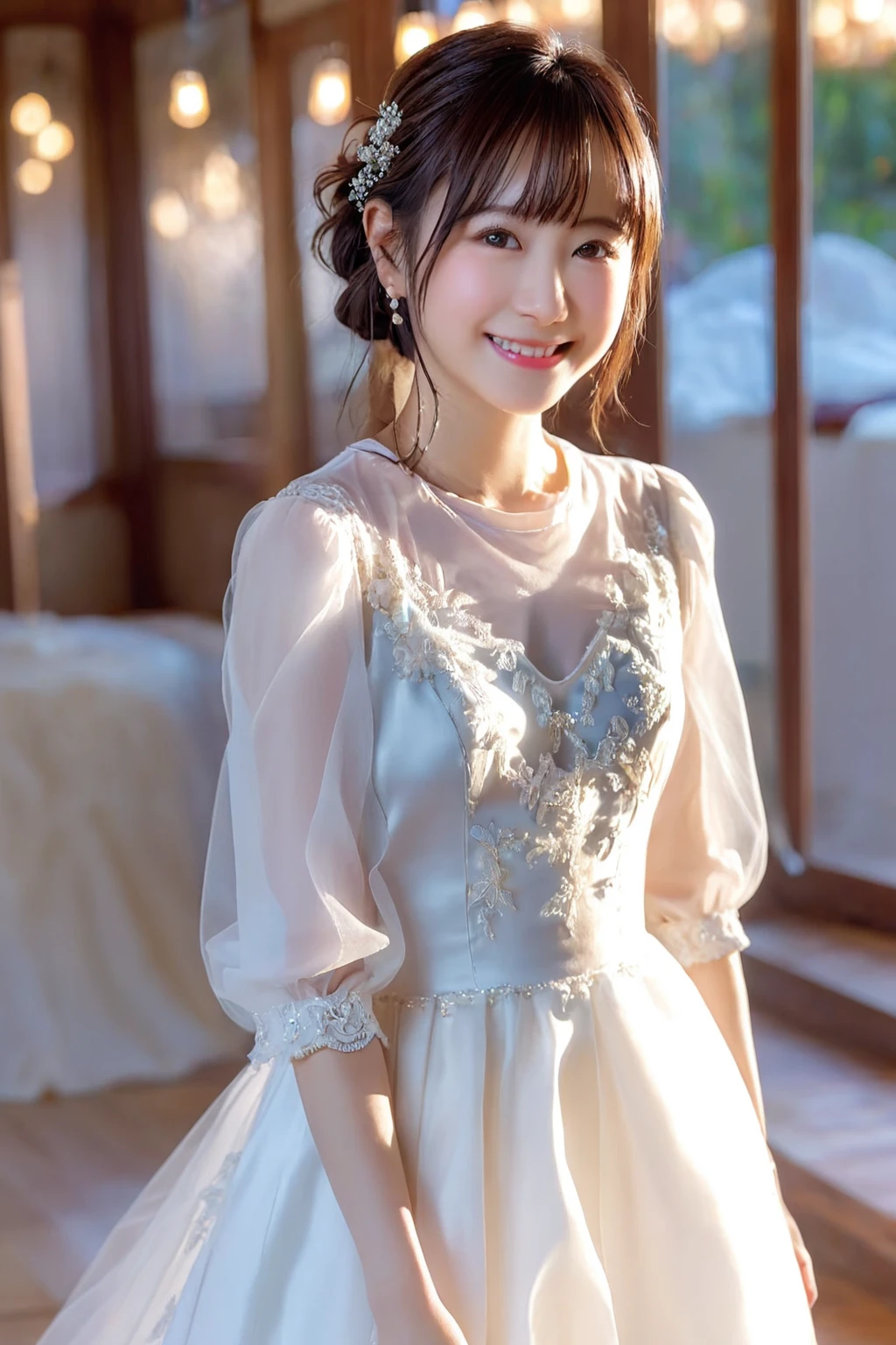 1girl, (masterpiece,RAW photo, best quality:1.4), (realistic, photo-realistic:1.2), an extremely delicate and beautiful, extremely detailed, 2k wallpaper, Amazing, finely detail, extremely detailed CG unity 8k wallpaper, ultra-detailed, highres, soft light, beautiful detailed girl, extremely detailed eyes and face, beautiful detailed nose, beautiful detailed eyes,soft lighting,perfect anatomy, beautiful face,,shiny skin,detailed skin,young Japanese idol,
smile,looking at viewer,(wedding dress:1.6), (bokeh:1.2),
<lora:maedakaori_lora-xl_01:1>