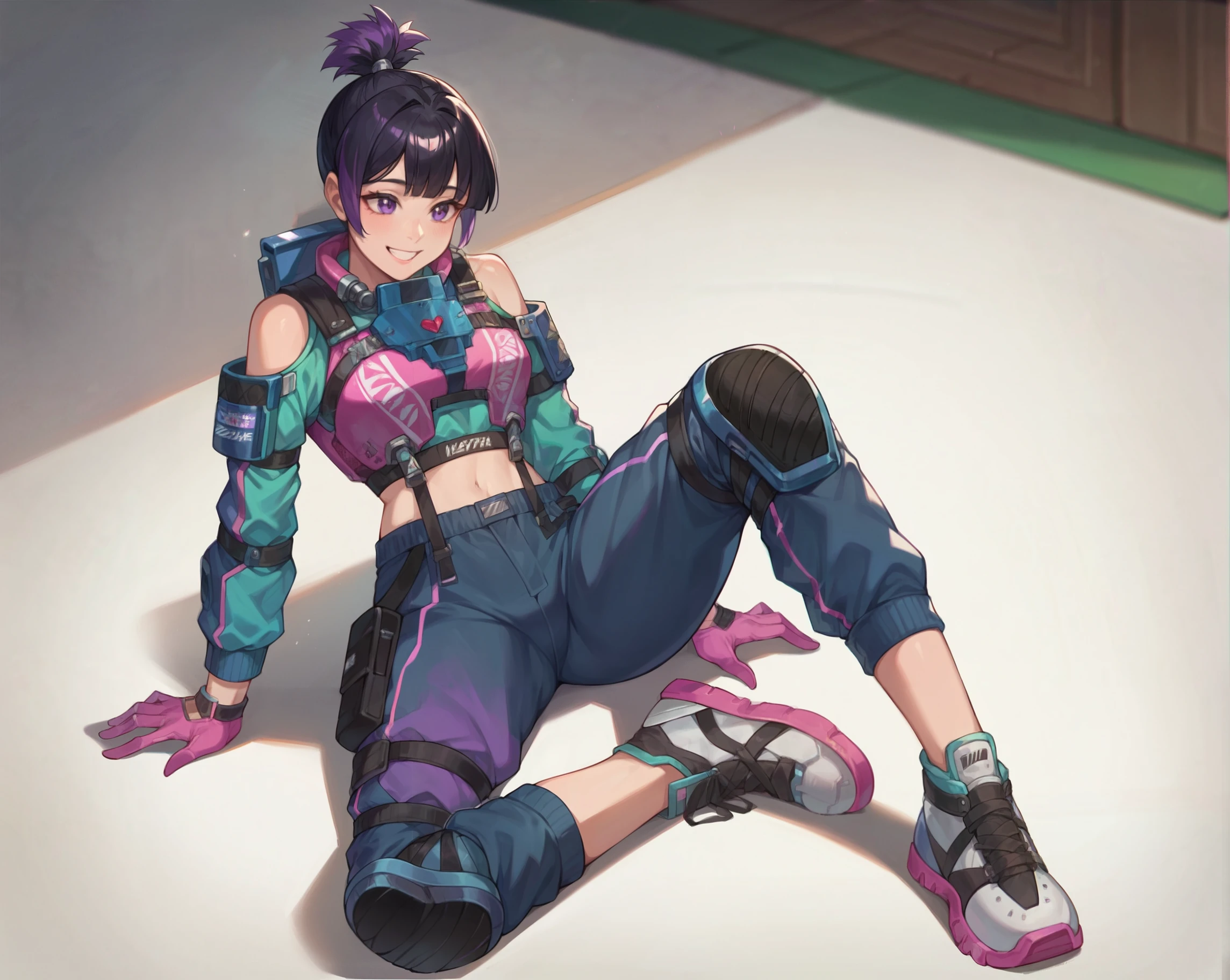 (Masterpiece:1.4), (best quality:1.2), score_9, score_8_up, score_7_up, score_6_up, 1girl, solo, no humans, valkfl0t3ch, black hair, purple hair, pink gloves, sneakers, blue pants, purple pants, cropped shirt, knee pads, topknot, detached sleeves, shoulder cutout, clothing cutout, midriff, lying on floor, smiling, happy