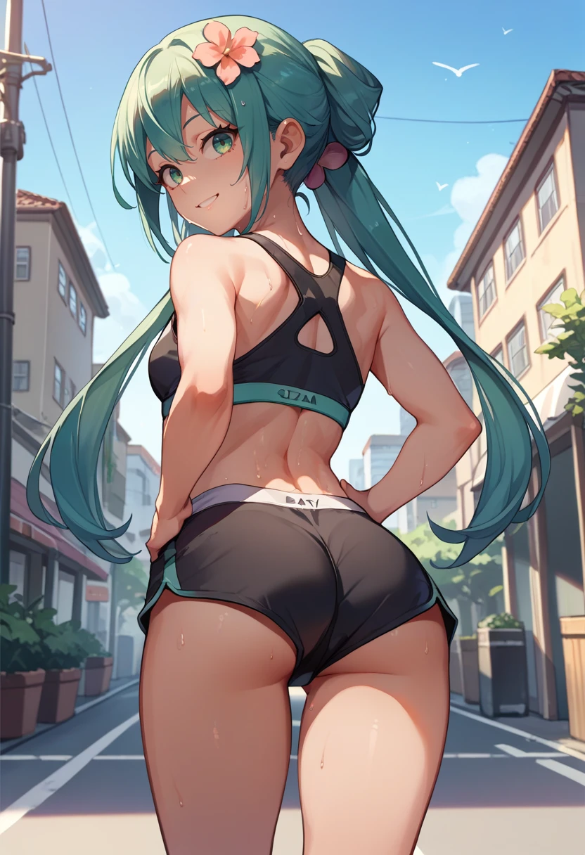 score_9, score_8_up, score_7_up, source_anime, from behind, solo, 1girl, shaohuamiku, sweat, smile, looking back, hands on own hips, aqua hair, twintails, hair flower, green eyes, black sports bra, black shorts, short shorts, ass, outdoors, city street <lora:vocaloid_shaohuamiku_ponyXL:1>