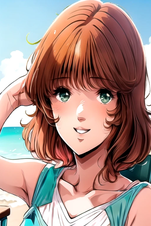 <lora:MimsyV5:1.1>, solo, adult female, short hair, tall, brown orange hair, fine straight hair, shaggy, hair covers ears, ears are covered by hair, dark green eyes, light pink lips, a little happy, blushing, looking at the viewer, sitting on the chair at the open cafe next to the beach, super clear blue sky, white maxi dress, upper body shot,
