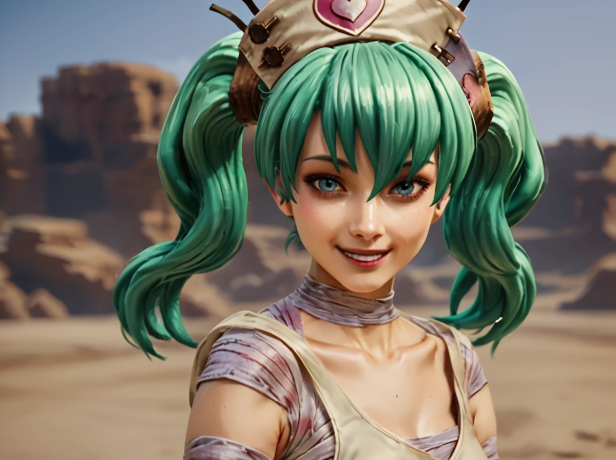 score_9, score_8_up, score_7_up, score_6_up, score_5_up, score_4_up, 
jessie, 1girl, solo, twintails, hat, bandages, green hair,aqua hair, nurse cap,smile,desert backround,realistic,
 <lora:jessie_from_deadcraft_pony:0.6>