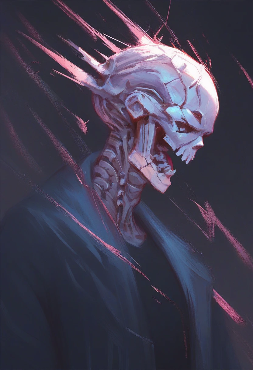 <lora:alexchow:0.9> score_9, score_8_up, score_7_up, abstract, metal skeleton, wearing black robe, cyberpunk neon, dark background ,