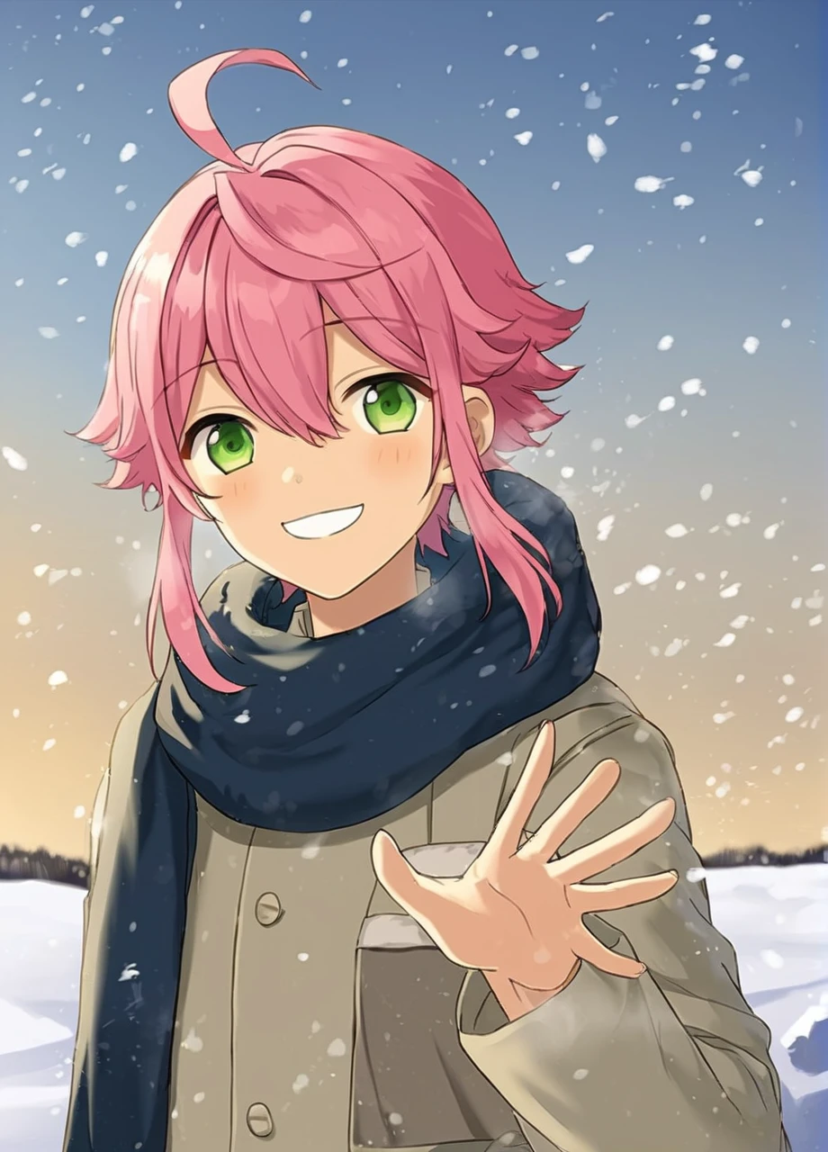 A boy Tori Himemiya has pink short hair with hair between his eyes long sidelocks a curved ahoge and big green eyes is standing outside in a snowy field. He has a smile  <lora:3torihimemiya-08:0.7>