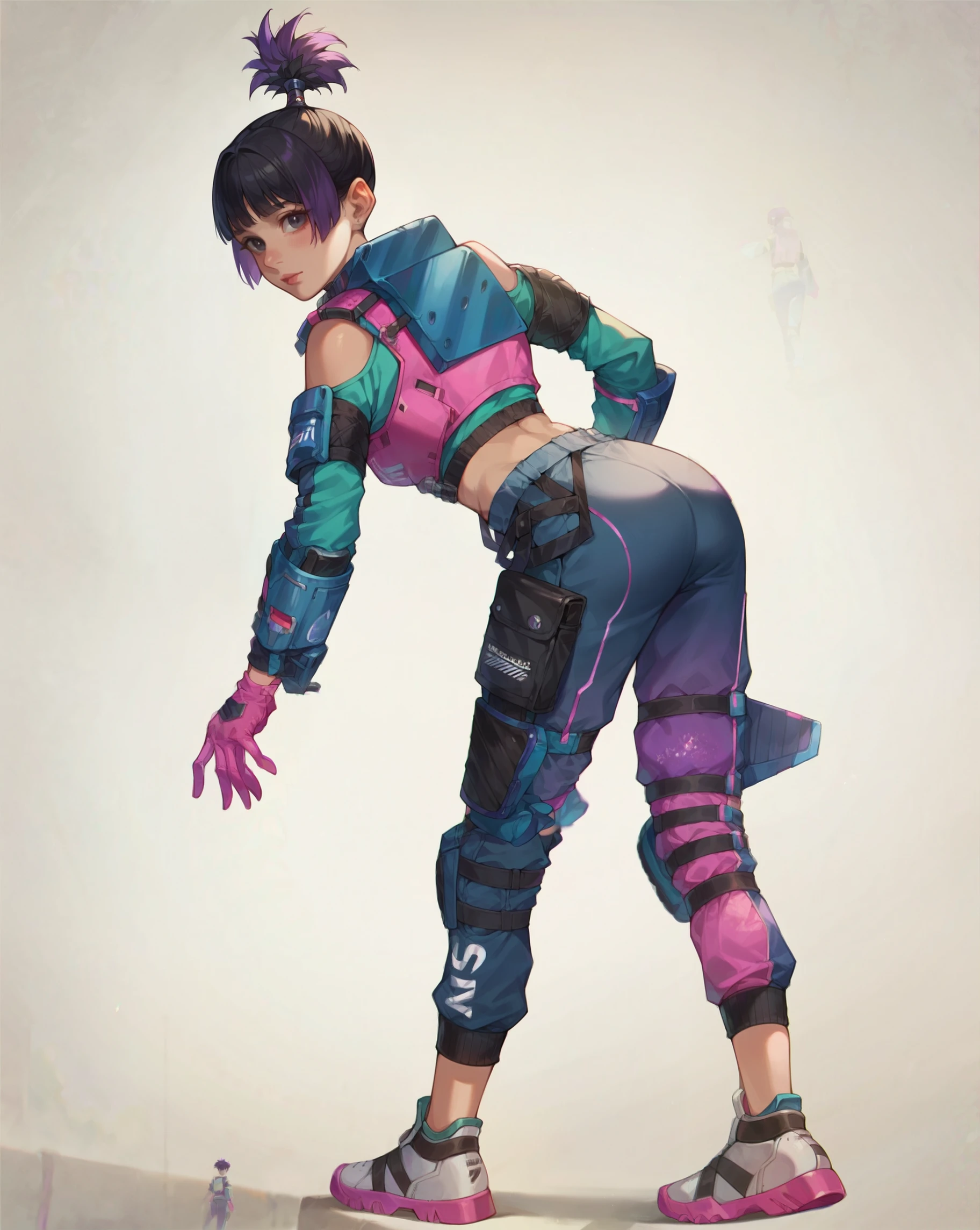 (Masterpiece:1.4), (best quality:1.2), score_9, score_8_up, score_7_up, score_6_up, 1girl, solo, no humans, valkfl0t3ch, black hair, purple hair, pink gloves, sneakers, blue pants, purple pants, cropped shirt, knee pads, topknot, detached sleeves, shoulder cutout, clothing cutout, midriff, (looking at viewer:1.1), standing, from behind, ass, (bend over:1.1)