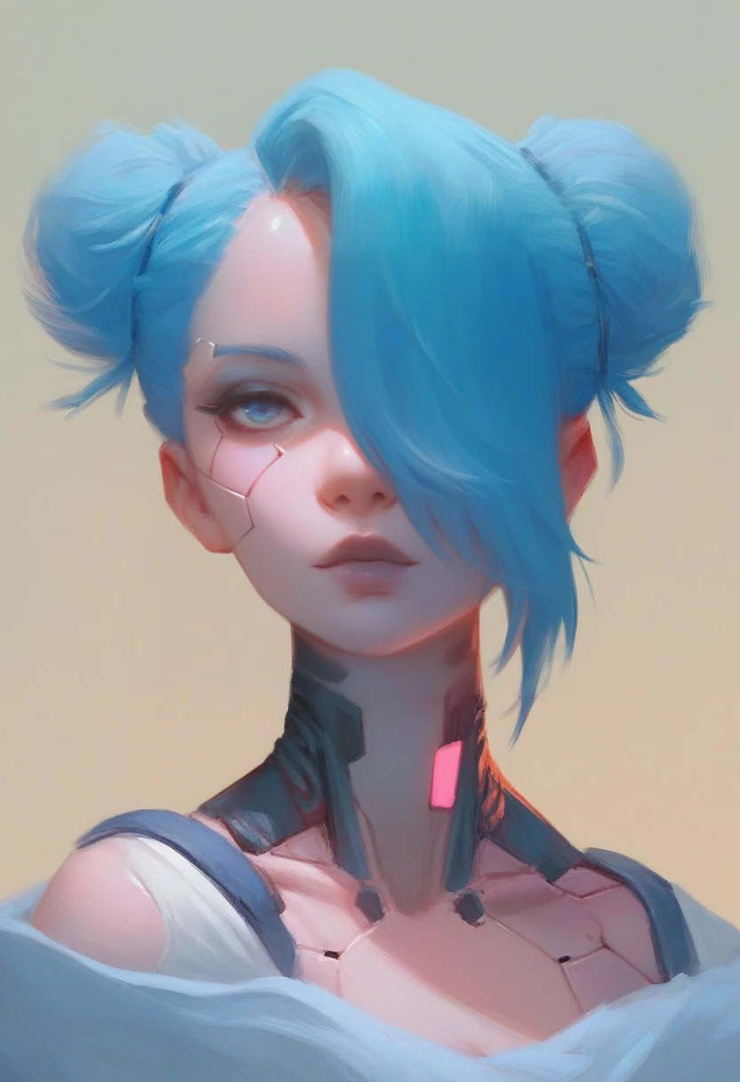 <lora:alexchow:0.9> score_9, score_8_up, score_7_up, 1girl, solo, closeup portrait, cyberpunk white cyborg, hair covering one eye, twin bun hair, blue hair,