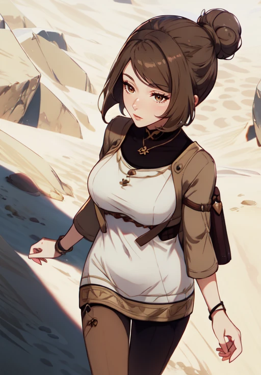 (masterpiece, best quality),(depth) of (field), <lora:age_slider_v2:2> <lora:Atefeh001:1> Atefeh, 1girl, hair bun, brown eyes, desert, sumeru, sun, hot, walking, looking around, from above, chromatic aberration, blurry foreground, sand, detailed background,, adult