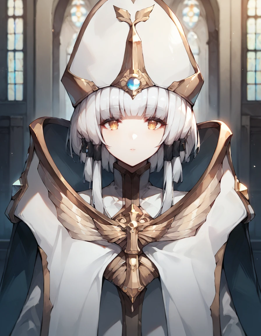 score_9, score_8_up, score_7_up, source_anime,
1girl, solo, looking at viewer, indoors, portrait, church,
arcana, white hair, gold eyes, blunt bangs, hair tubes, short hair, long locks,
white headwear, cape, long sleeves, white sleeves, forehead jewel, 
<lora:arcana_anime-soralz-000050:0.9>