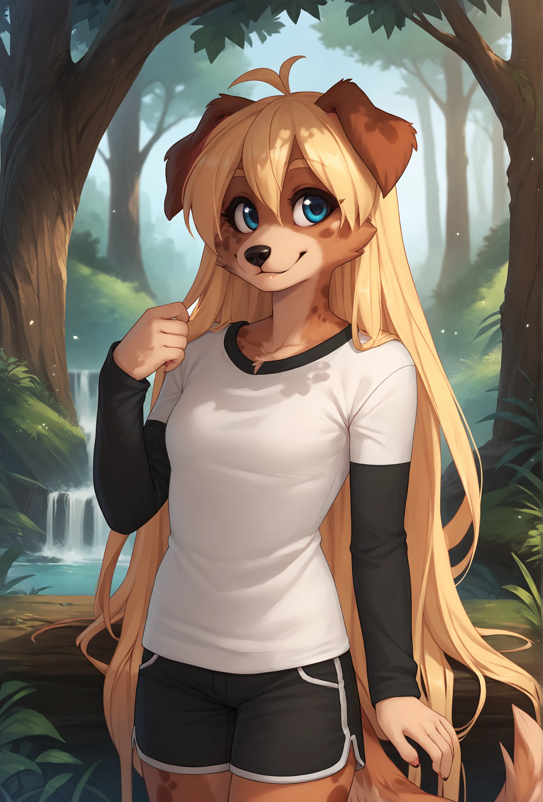 score_9, score_8_up, score_7_up, score_6_up, score_5_up, score_4_up, outdoors, nature BREAK
 <lora:zofie_fluffkevlar_ponyXL_v1.2:1> zofie, 1girl, furry, solo, dog ears, very long hair, white t-shirt, black shorts, raglan sleeves, small breasts, smile, black sleeves