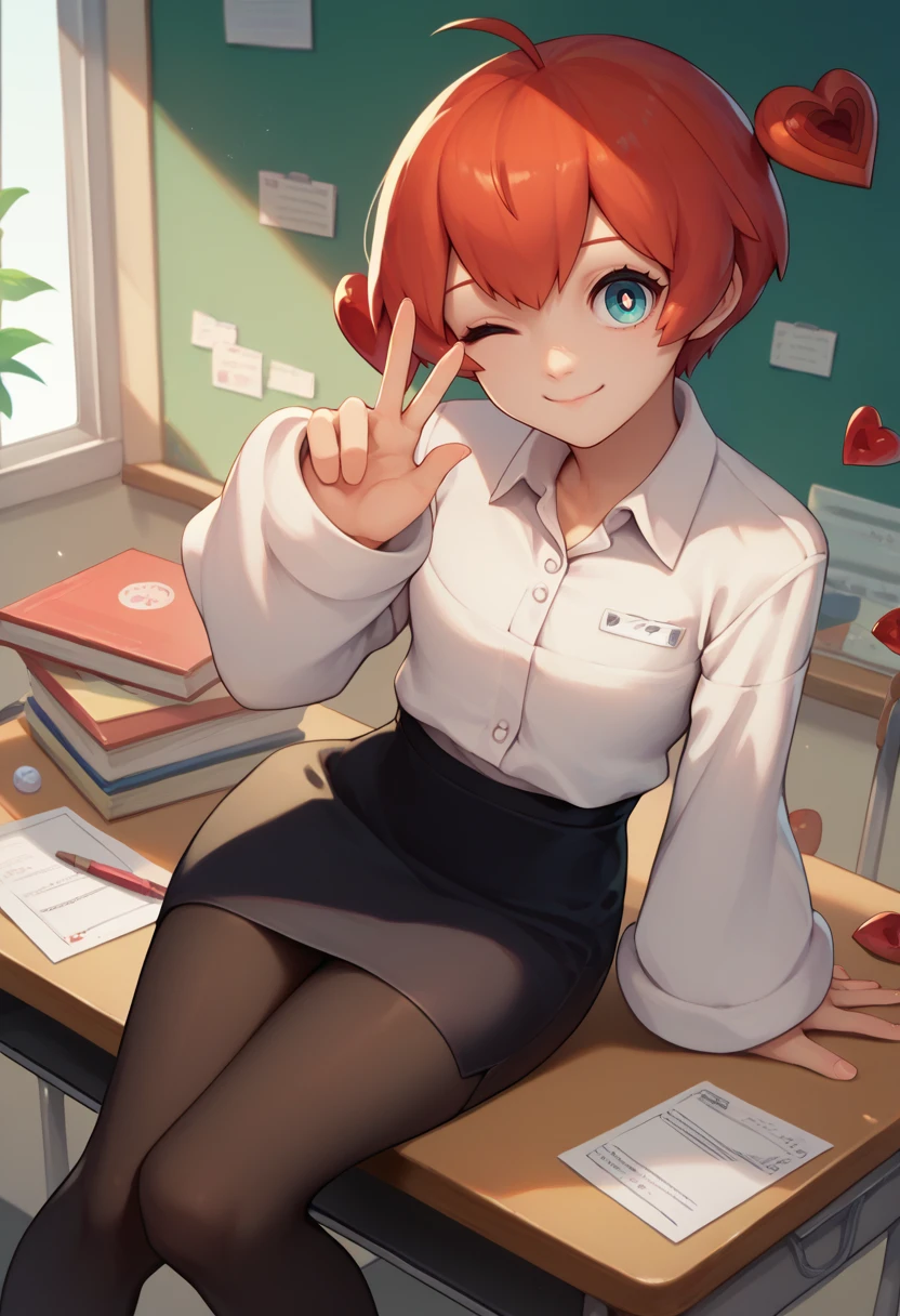 score_9, score_8_up, score_7_up, solo, 1girl, p5sophia, smile, looking at viewer, sitting on desk, ahoge, detached hair, heart, one eye closed, white shirt, collared shirt, long sleeves, black skirt, pencil skirt, black pantyhose, indoors, office <lora:persona5_sophia_ponyXL:1>