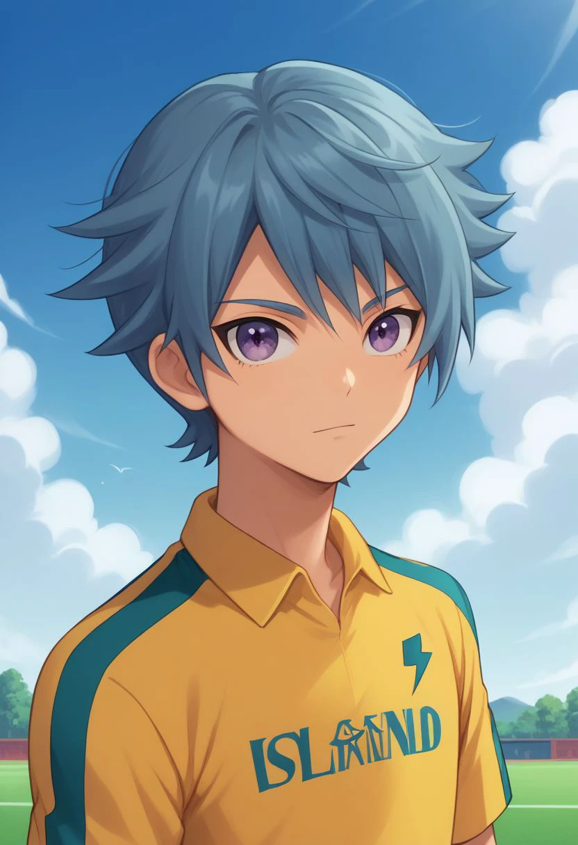 score_9, score_8_up, source_anime, highly detailed, 1boy, solo, male_focus, slender, skinny, cute,
hiura, 1boy, male focus, solo, purple eyes, sky, sportswear, blue hair, cloud, day, looking at viewer, orion soccer uniform, upper body,
outdoor,