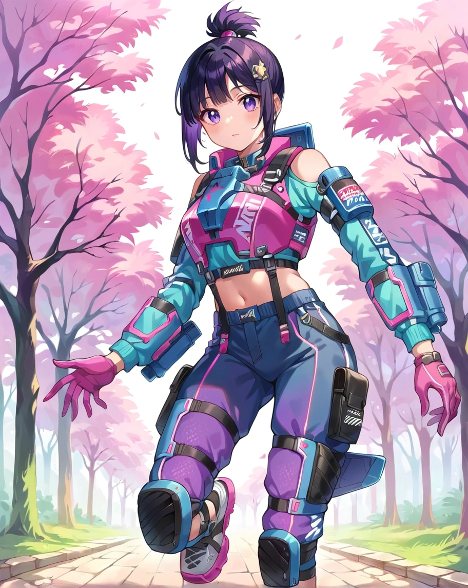 (Masterpiece:1.4), (best quality:1.2), score_9, score_8_up, score_7_up, score_6_up, 1girl, solo, no humans, valkfl0t3ch, black hair, purple hair, pink gloves, sneakers, blue pants, purple pants, cropped shirt, knee pads, topknot, detached sleeves, shoulder cutout, clothing cutout, midriff