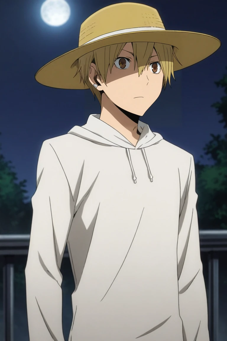 score_9, score_8_up, score_7_up, source_anime, rating_safe, intricate details, anime screencap, anime coloring, , , depth of field, 1boy, solo, male focus, <lora:masaomi_kida_pony:0.8>, masaomi_kida, blonde hair, brown eyes, short hair, hair between eyes, wide angle, wide shot, cowboy shot, plaza, night, full moon, twisted torso, relaxed, , panama hat, <lora:sdxl_lightning_8step_lora:1>