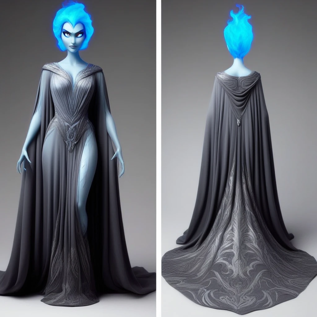 wearing blue glowing eyes. pg13 _ rating, white background, wearing a grey and silver dress with intricate patterns and a cape over her shoulders, wearing a black and grey dress with a flowing cape over her shoulders