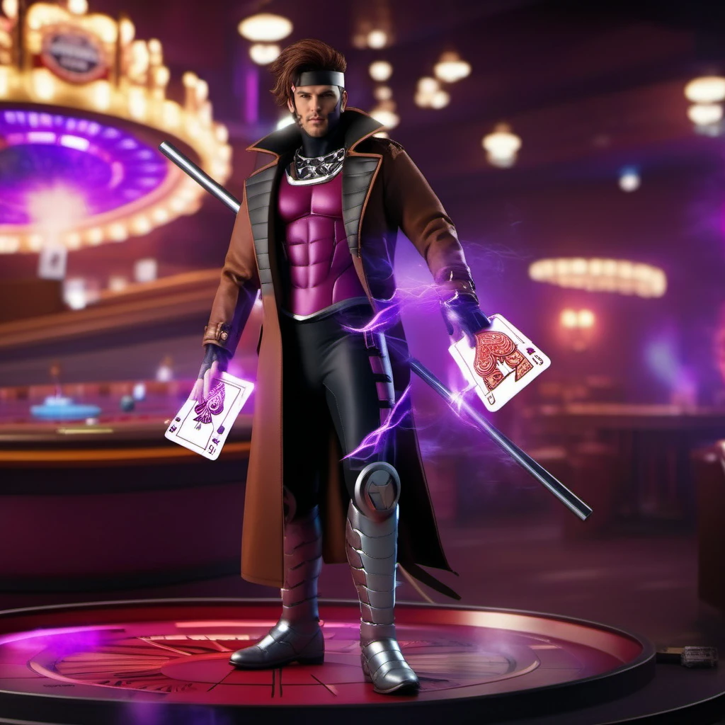 cinematic photo a full body man, brown leather jacket, purple chest armor, headband, holds a stick and cards, casino <lora:Gambit1024:0.9> . 35mm photograph, film, bokeh, professional, 4k, highly detailed