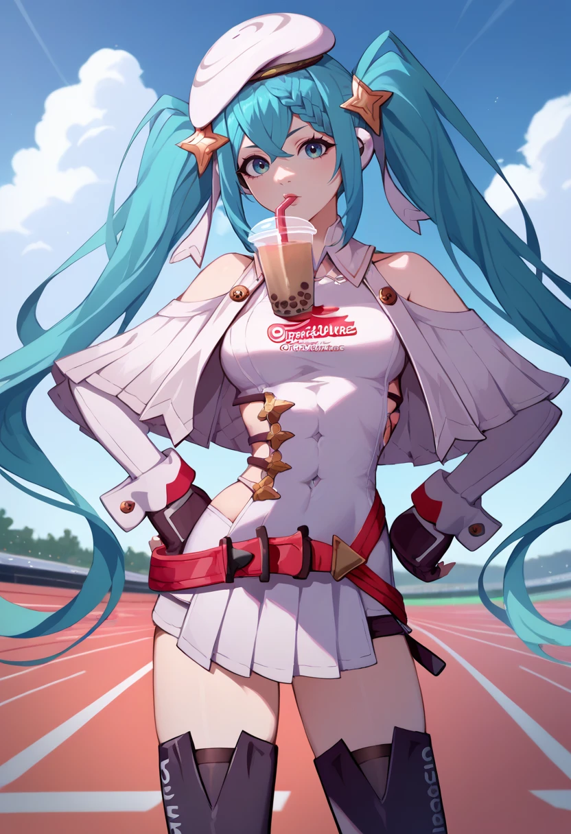 score_9, score_8_up, score_7_up, source_anime, solo, 1girl, racingmiku2023, looking at viewer, bubble tea challenge, drinking straw, hands on own hips, twintails, braid, star hair ornament, white headwear, beret, white capelet, white dress, clothing cutout, long sleeves, red belt, black gloves, fingerless gloves, black thighhighs, bare shoulders, breasts, racetrack, blue sky, cloud <lora:vocaloid_racingmiku2023_ponyXL:1>