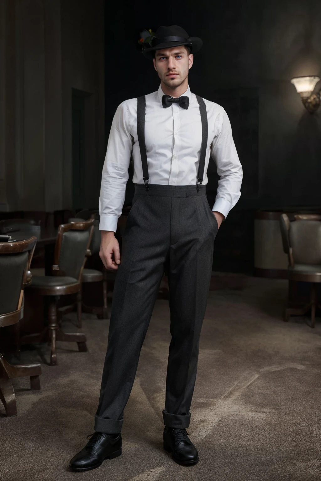 1930s Fashion, professional photo of extremely strong muscles 24yo man with beard in white shirt with suspenders with hat and shoes, 4k, 8k, high quality, perfect lighting, detailed face and detailed eyes, skin detail, solo focus, photography raw, (Casino 1930s), perfect lighting, clean smooth skin, full body, looking at camera, detailed eyes, pretty face, full body standing, photoshoot, <lora:1930sFashion2-000002:0.7>