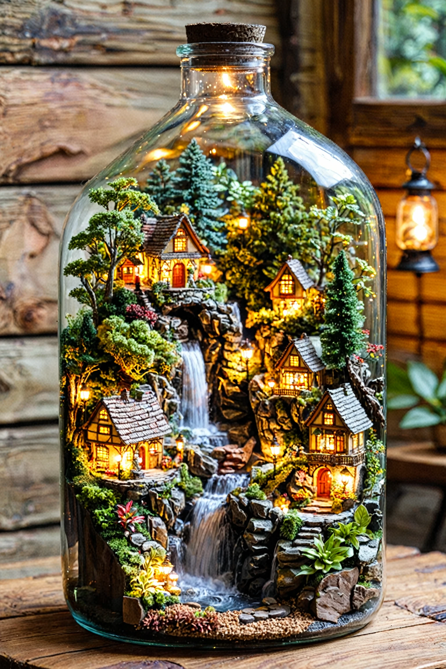 A meticulously crafted miniature scene inside a glass bottle. The bottle is placed on a wooden surface. The miniature world within the bottle consists of intricately designed houses, trees, and a waterfall. The houses have detailed roofs, windows, and doors. There are also lanterns illuminating certain parts of the scene, giving it a warm, cozy ambiance. The waterfall cascades down rocky terrain, and there are various other elements like bridges, pathways, and decorative plants.<lora:EMS-384353-EMS:0.800000>