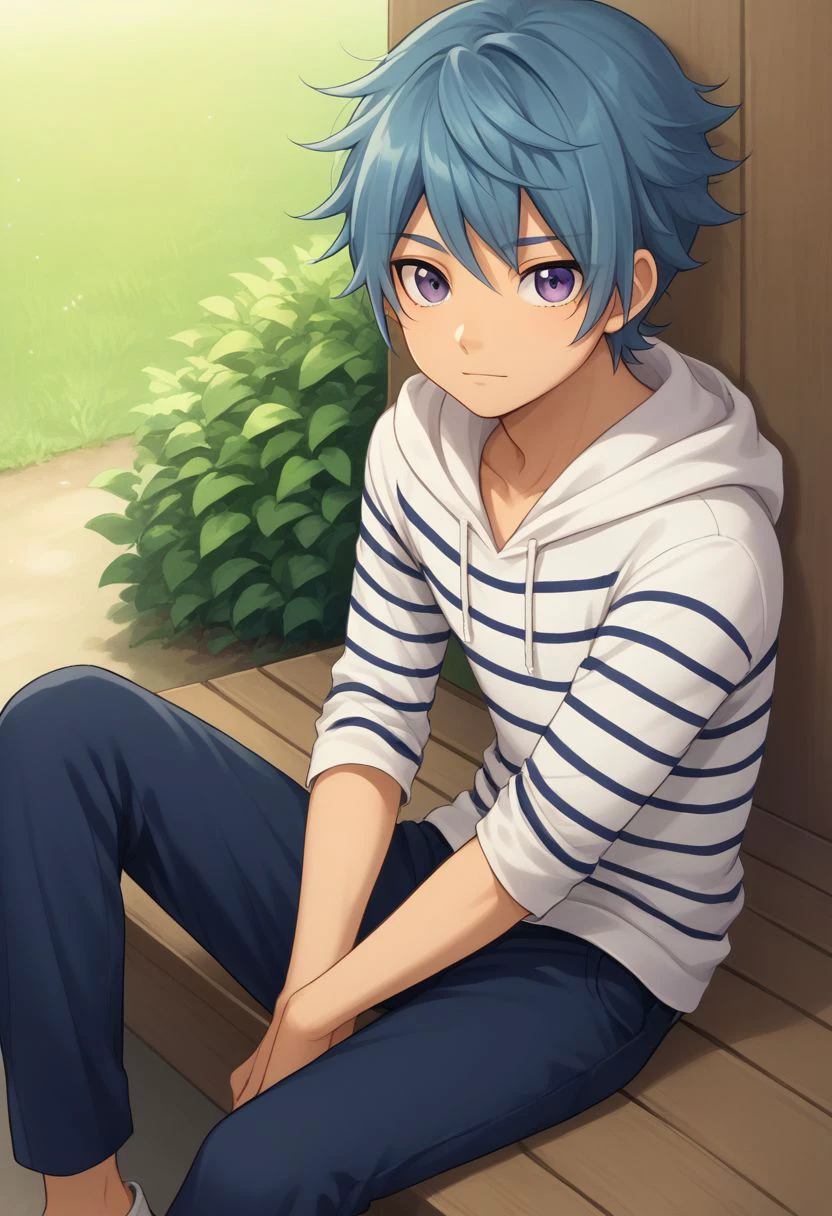 score_9, score_8_up, source_anime, highly detailed, 1boy, solo, male_focus, slender, skinny, cute,
hiura, 1boy, male focus, purple eyes, solo, blue hair, looking at viewer, hoodie, hood, striped, shorts, striped shirt, pants,
outdoor, sit,